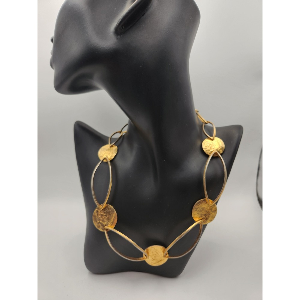 Delphine Nardin Paris Gold‎ Tone Hammered Disc Marquise Link Statement Necklace